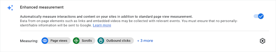 GA4 Gelişmiş Ölçüm Seçeneği: Enable enhanced measurement slider ga4 yardım belgesindeki ekran.