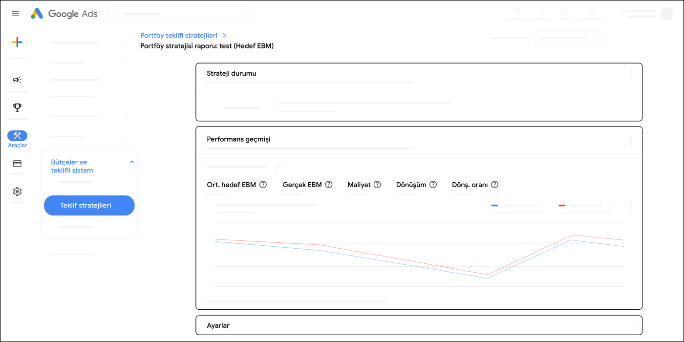 Google Ads teklif stratejisi raporunda durum, hedef EBM ve gerçekleşen maliyet alanlarının resmî örnek gösterimi