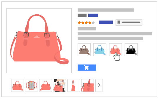 Google örneğinde ürün sayfasında seçili çanta rengi ve diğer renk seçenekleri