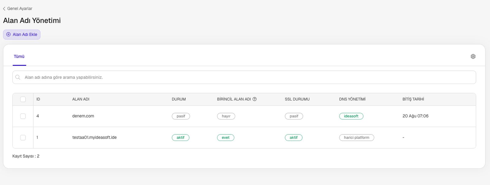 IdeaSoft Alan Adı Yönetimi tablosunda durum, birincil alan adı, SSL durumu ve DNS yönetimi sütunları.