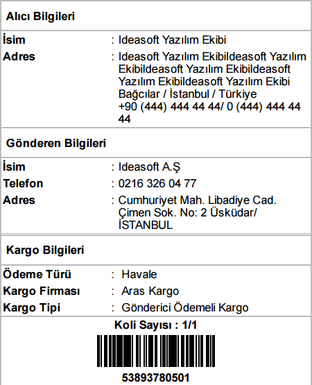 IdeaSoft yardım belgesindeki Aras Kargo etiketinde alıcı, gönderen, koli sayısı ve barkod.