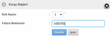 IdeaSoft Aras Kargo Bilgileri penceresinde Koli Sayısı ve Fatura Numarası alanları.