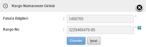 IdeaSoft Aras kargo numarası penceresinde Fatura Bilgileri ve Kargo No alanları.