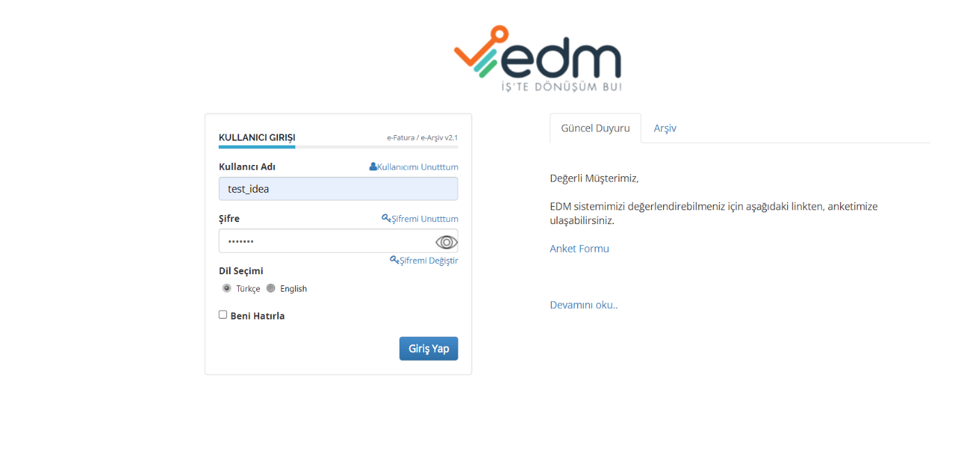 IdeaSoft yardım belgesinde EDM kullanıcı giriş ekranı ve hesap bilgisi alanları.