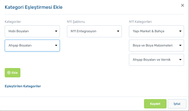 IdeaSoft N11 Kategori Eşleştirmesi Ekle penceresinde mağaza kategorileri ve N11 alt kategorileri.