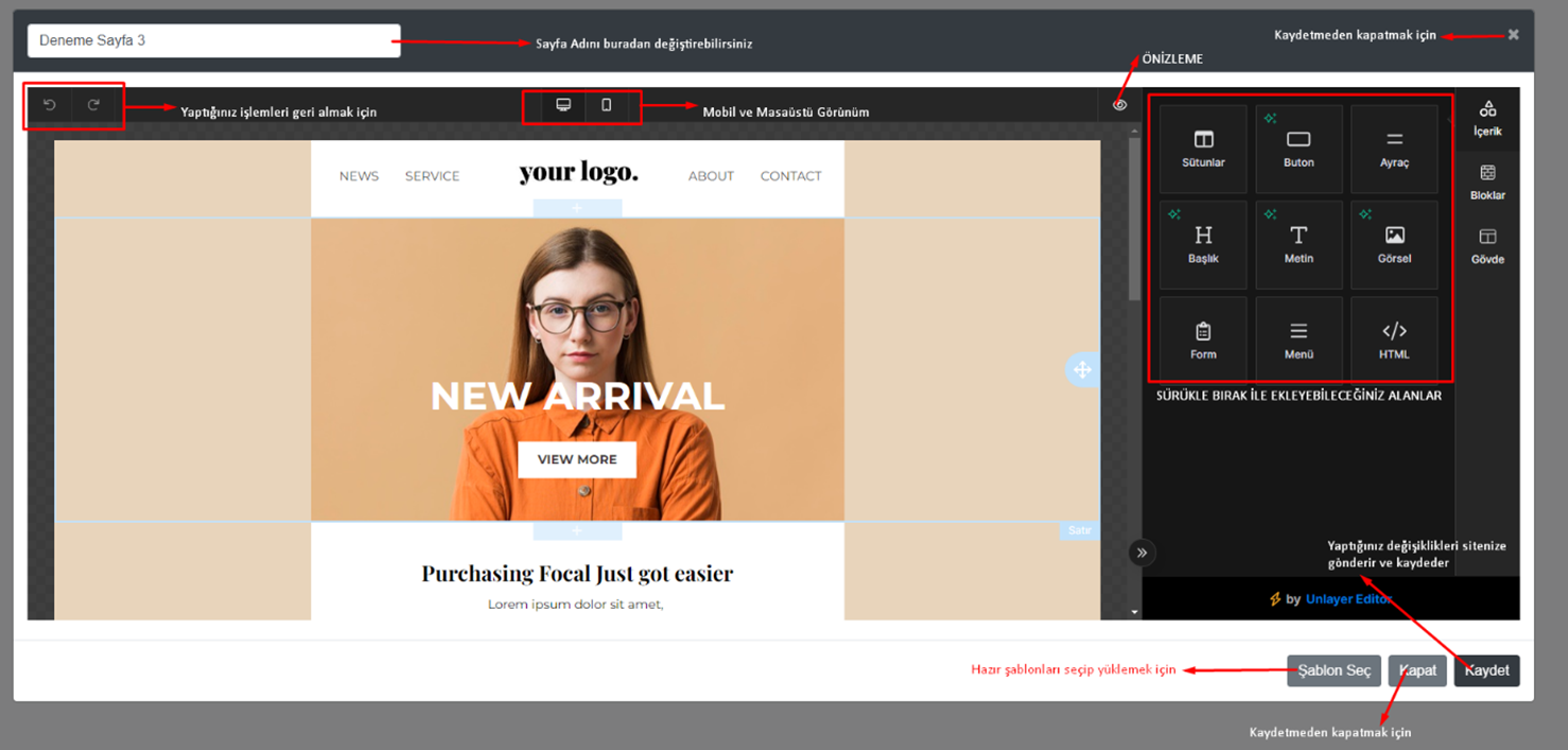 IdeaSoft Page Builder editöründe içerik araçları, mobil ve masaüstü önizleme, şablon seçimi ve Kaydet düğmesi.