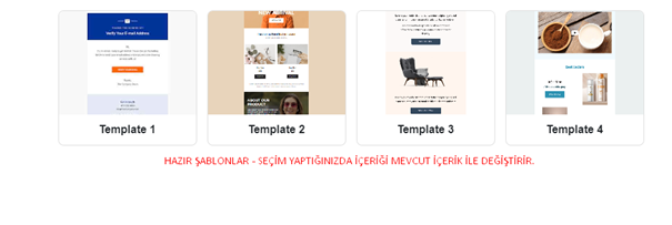 IdeaSoft Page Builder hazır şablon kartları ve mevcut içeriğin değişeceğini belirten uyarı.