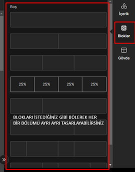 IdeaSoft Page Builder Bloklar sekmesinde tekli ve çok sütunlu satır seçenekleri.