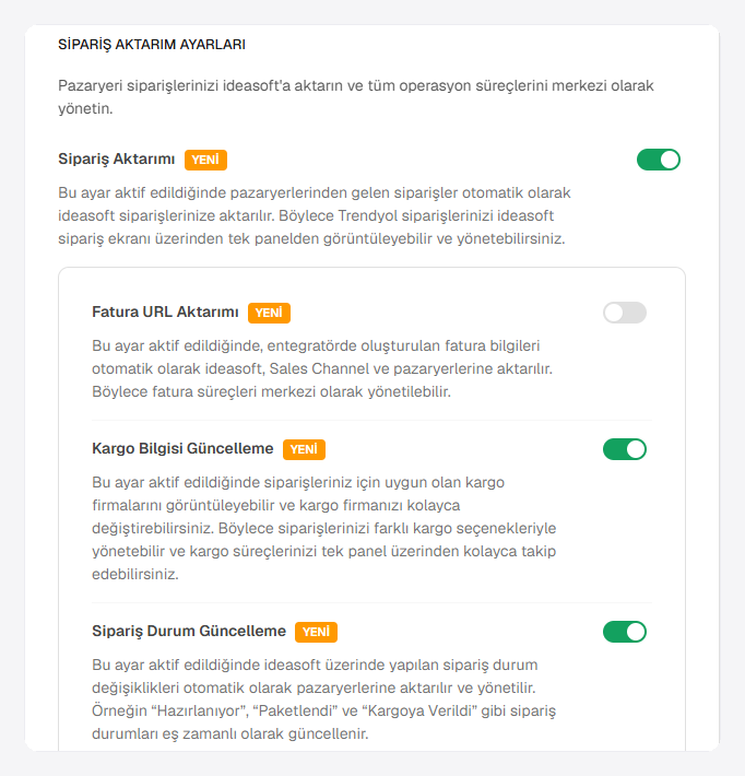 IdeaSoft pazaryeri ayarlarında Sipariş Aktarımı, Kargo Bilgisi Güncelleme ve Sipariş Durum Güncelleme seçenekleri.