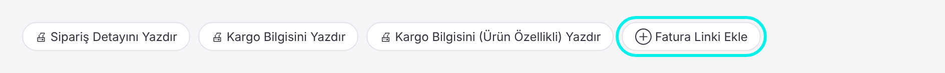 IdeaSoft sipariş ayrıntısının üstündeki Fatura Linki Ekle düğmesi.