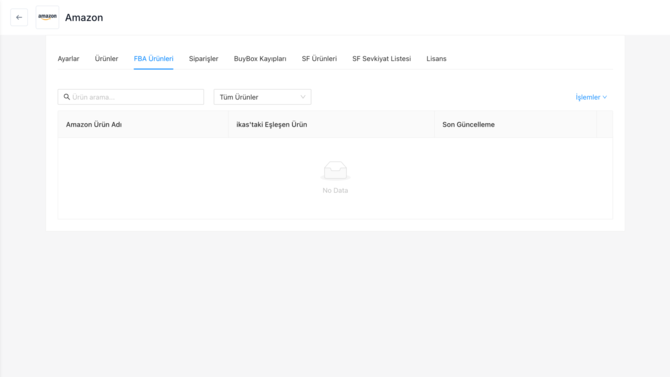 Amazon FBA Ürün Listesi: Amazon-FBA-urunler ikas yardım belgesindeki ekran.