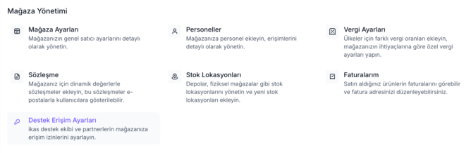 ikas Destek Erişim Ayarları:  ikas yardım belgesindeki ekran.