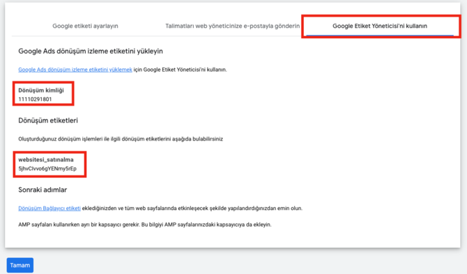 Google Ads Satın Alma Etiketi:  ikas yardım belgesindeki ekran.