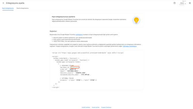 Google Müşteri Yorumlarında Merchant ID — ikas’ın entegrasyon açıklamasındaki ekran, Google müşteri yorumları kodunda Merchant ID bilgisinin yer aldığı alanı gösterir