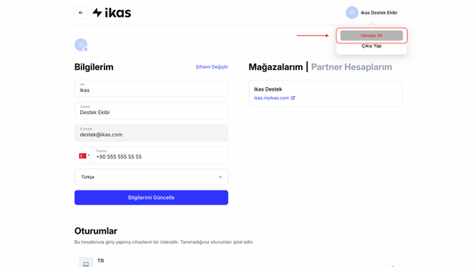 ikas Hesap Silme Alanı: hesap-silme ikas yardım belgesindeki ekran.