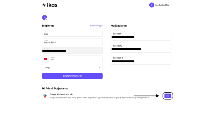 ikas Destek: ikas Hesabında İki Adımlı Doğrulama Alanı