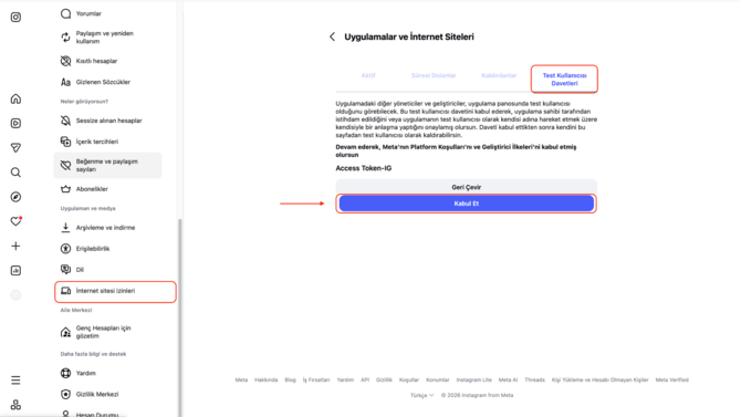 Instagram Test Kullanıcısı Davetini Onaylama: access-token-test-kullanicisi-onay ikas yardım belgesindeki ekran.