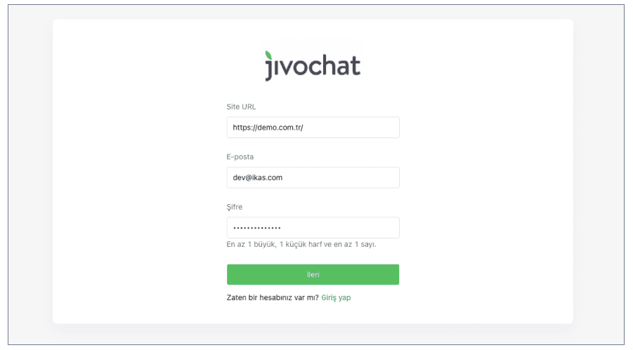 JivoChat Hesabı Oluşturma Formu: resmî yardım belgesindeki açıklayıcı ekran görüntüsü.