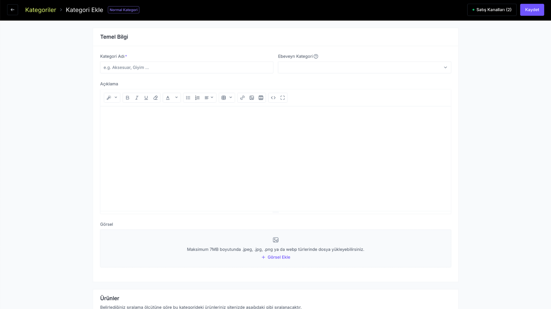 ikas Destek Merkezi: Kategori Adı ve Üst Kategori