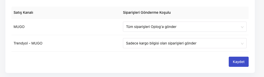 ikas OPLOG ayarlarında satış kanalı ve sipariş gönderme koşulu seçimi