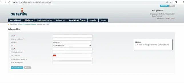 Paratika API Kullanıcı Ayarları:  ikas yardım belgesindeki ekran.