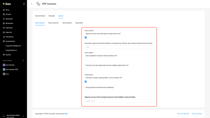 PDF Taslağının Kanal ve Satıcı Ayarları: pdf-invoices-ayarlar ikas yardım belgesindeki ekran.