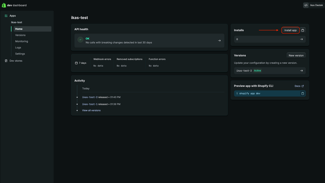 Shopify Uygulamasını Mağazaya Kurma: migrate-from-shopify-install-app-button ikas yardım belgesindeki ekran.