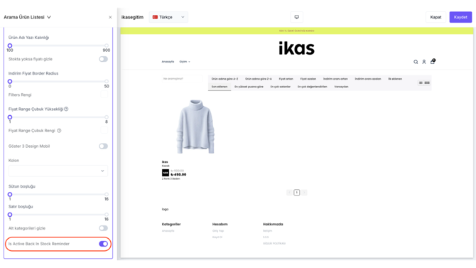 ikas: Tekrar Stokta Tema Özelliği