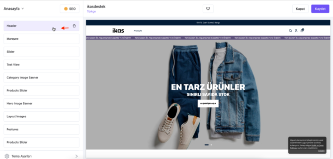 ikas Tema Editöründe Sayfa Düzenleme: Ekran Resmi 2022-03-16 12.14.42 ikas yardım belgesindeki ekran.