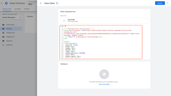 GTM WhatsApp Özel HTML Etiketi: wp-butonu-ozel-html-kod-ekleme ikas yardım belgesindeki ekran.