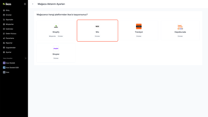 Wix Aktarımında Mağaza Ayarları: migrate-from-wix-magaza-aktarim-ayarlari ikas yardım belgesindeki ekran.
