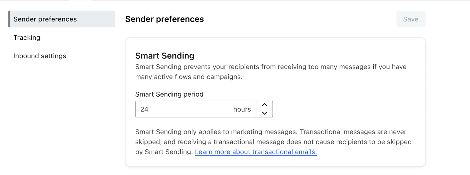 Klaviyo E-Posta Smart Sending Ayarı: resmî yardım belgesinde görünen ilgili alan ve seçimler.