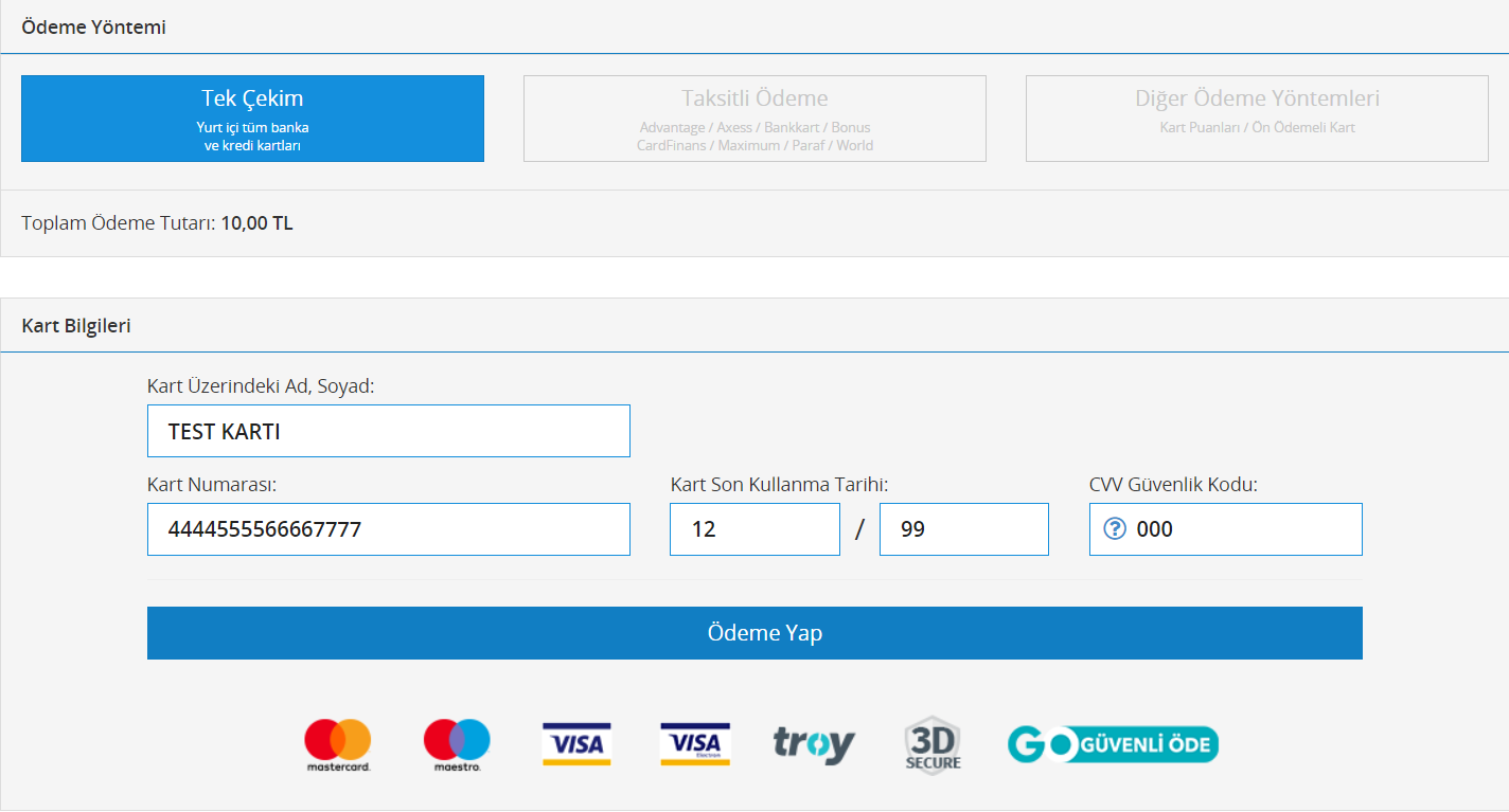 PayTR Geliştirici Dokümantasyonu: PayTR Test Ödeme Formu