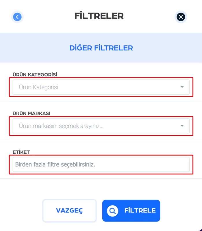 Kategori, Marka ve Etiket Filtreleri — Sopyo yardım belgesindeki diğer filtreler bölümü