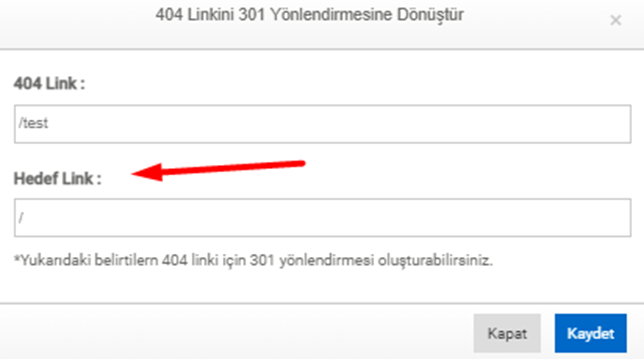 404 Link Yönlendirme Alanı:  ticimax yardım belgesindeki ekran.