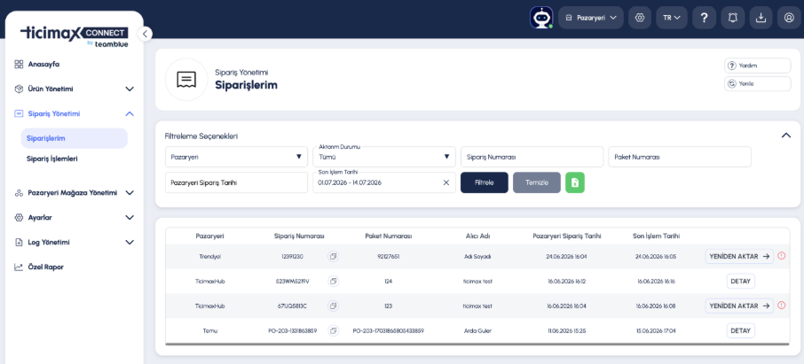 Ticimax Destek Alanı: Ticimax Connect Sipariş Aktarım Durumu