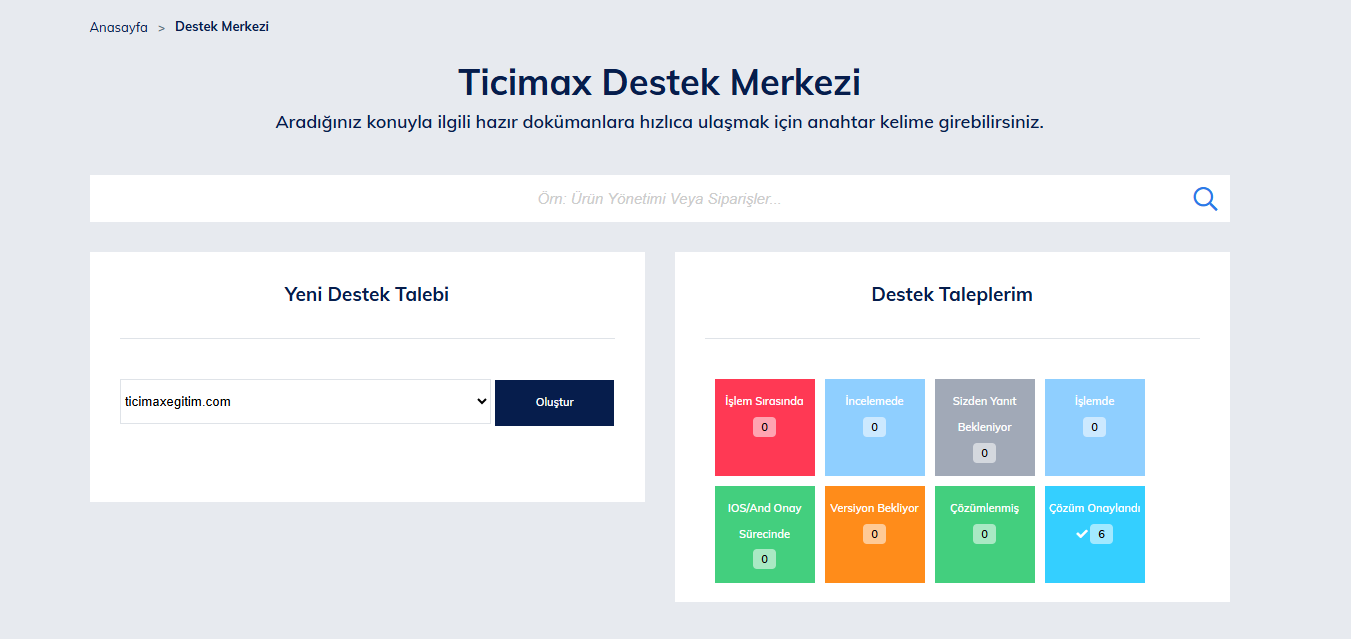 Ticimax Destek Merkezi Başlangıç Ekranı: resmî yardım belgesindeki açıklayıcı ekran görüntüsü.