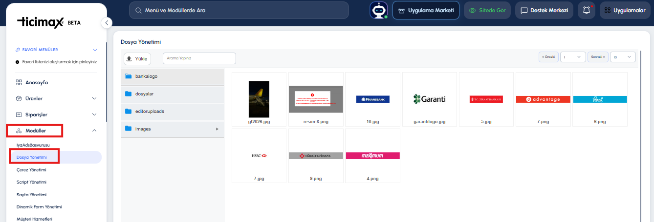 Dosya Yönetiminde Yükleme ve Adres Seçimi:  ticimax yardım belgesindeki ekran.