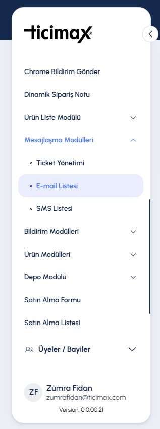 Ticimax E-Bülten Sayfasına Giriş: resmî yardım belgesindeki açıklayıcı ekran görüntüsü.