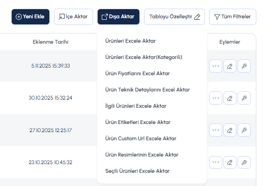 Ürün Dışa Aktarım Seçenekleri:  ticimax yardım belgesindeki ekran.