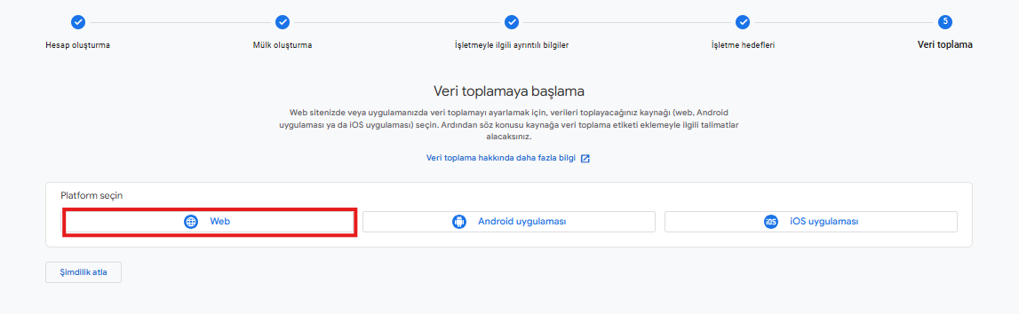 GA4 Veri Toplamada Web Platformu Seçimi: resmî yardım belgesindeki açıklayıcı ekran görüntüsü.