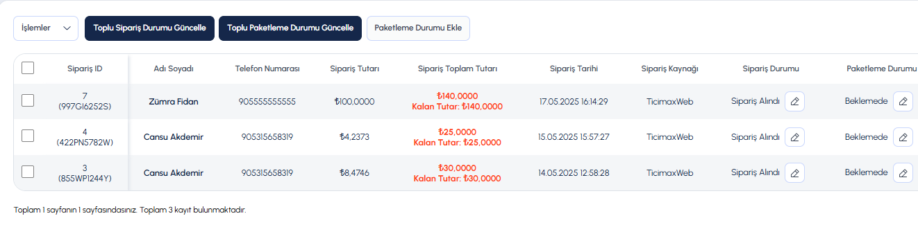 Ticimax Destek Alanı: Ödeme Kaydı Bulunmayan Siparişlerin Listesi