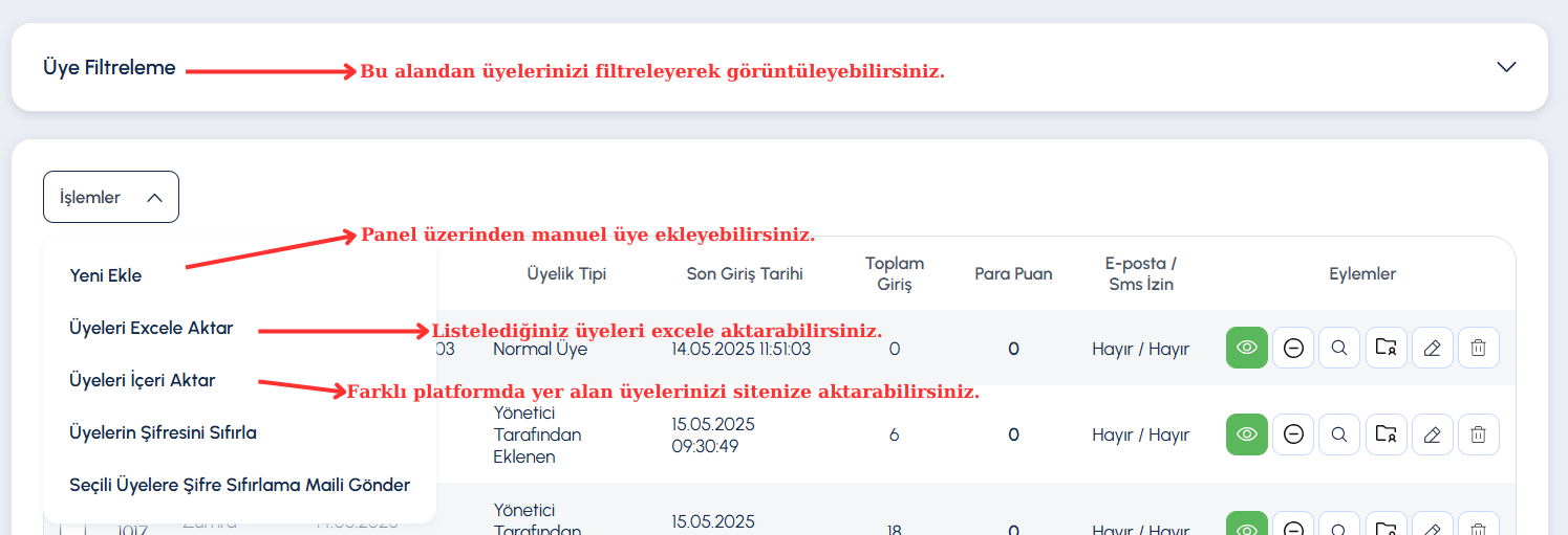 Ticimax Destek Alanı: Üye Listesi ve Hesap İşlemleri