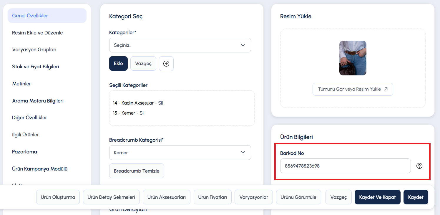 Ticimax Ürün Kaydında Barkod Alanı:  ticimax yardım belgesindeki ekran.