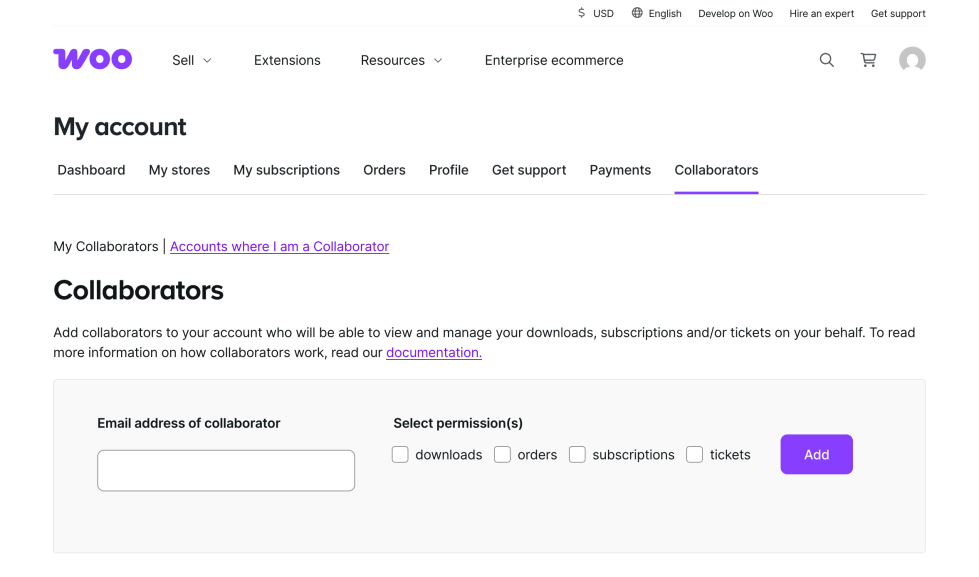 WooCommerce.com Collaborator İzinleri — WooCommerce’in örnek hesap ekranında indirme, sipariş, abonelik ve destek izinleri ayrı seçilir