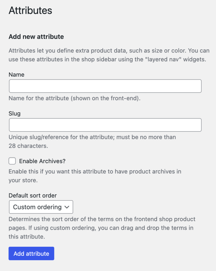 WooCommerce Dokümantasyon: WooCommerce Genel Özellik Tanımlama Ekranı
