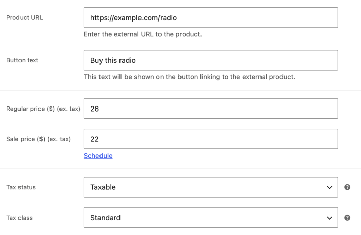 WooCommerce haricî ürün örnek ekranında ürün URL adresi ve satın alma düğmesi metni