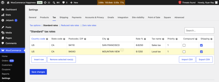 Vergi Satırında Kargo İşareti — WooCommerce belgesindeki oran tablosunda Shipping sütunu, ilgili vergi satırının kargoya uygulanmasıyla bağlantılı ayarı gösterir
