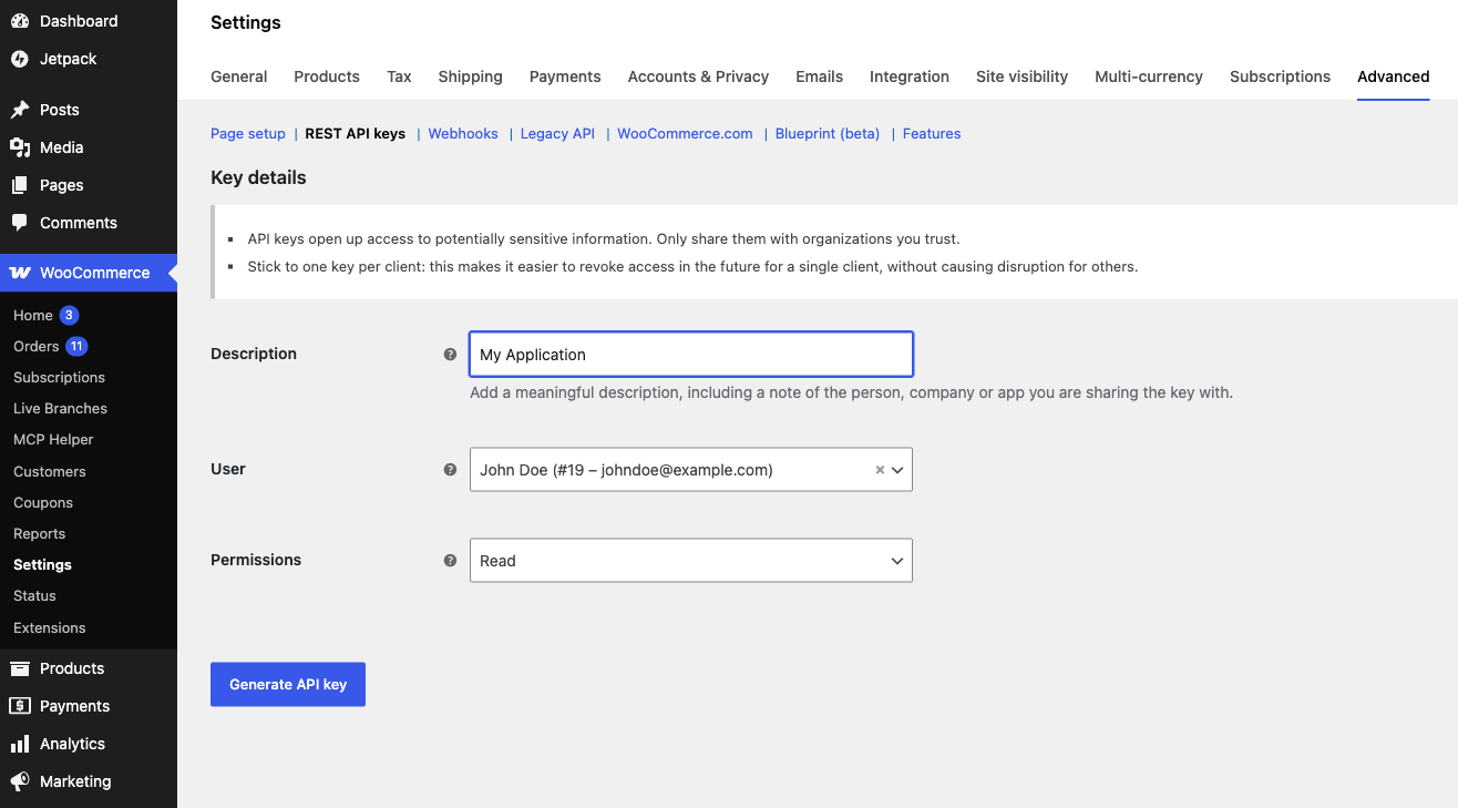 WooCommerce Dokümantasyonu: API Anahtarının Kullanıcı ve Yetkisi