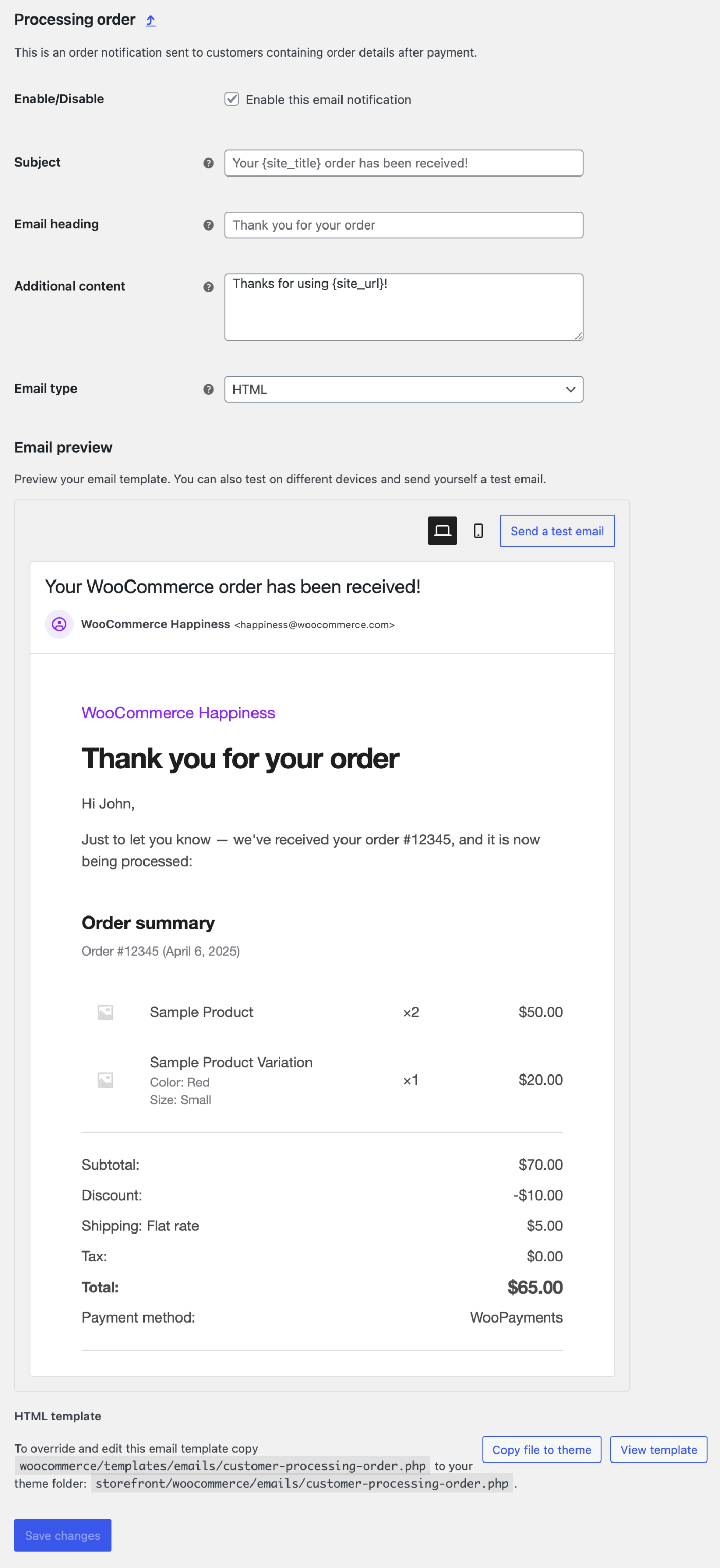 WooCommerce Dokümantasyonu: Sipariş E-Postasının Ayar ve Önizlemesi